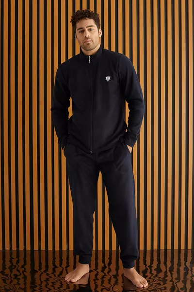 طقم بيجامة رجالي من الفرو الأزرق الداكن بأكمام طويلة وسحاب أمامي