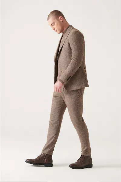 Erkek Kahverengi Yün Karışımlı Pileli Takım Elbise Pantolonu 