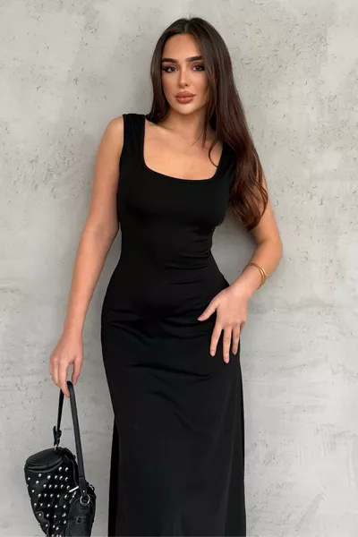 فستان نسائي بلمسة ناعمة بياقة مربعة من الأمام والخلف أسود 