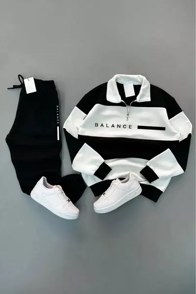 Мужской черный спортивный костюм из пяти частей с воротником-стойкой и принтом Balance