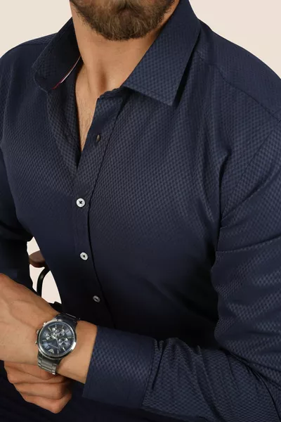 Lacivert Baklava Desen Slimfit Erkek Gömlek