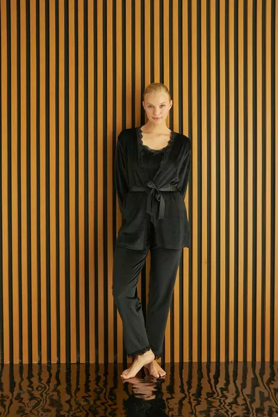 Black French Velvet Fabric Lace 3-Piece Dressing Gown Pajamas Nightgown Dowry Set -1