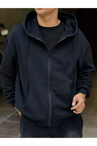 Giacca con cappuccio unisex con cerniera in tessuto spazzolato nero