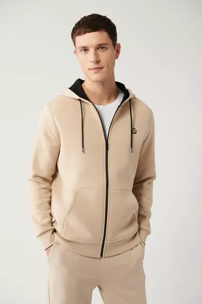Men's Beige Hooded 3-Ply Brushed Zip-Up Regular Fit Sweatshirt 