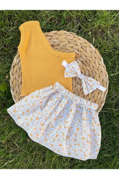 طقم 3 قطع من الجينز الأصفر القصير والتنورة القصيرة ورباط الرأس