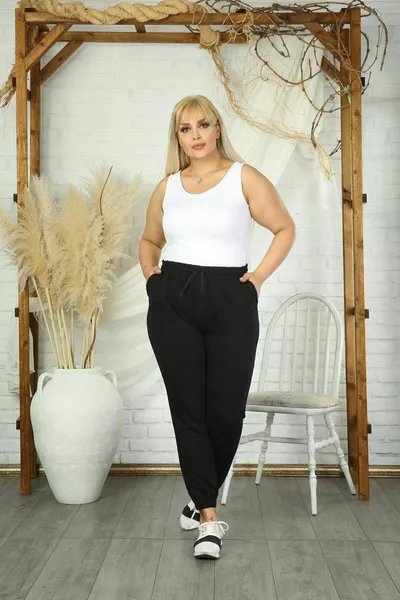 Women's Black High-Waisted Elastic Waist Pocket Plus Size Sweatpants