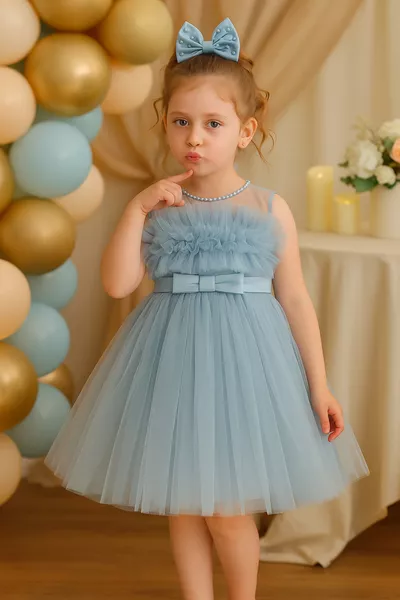 فستان سهرة للبنات من التل والساتان مزخرف باللؤلؤ لحفلات الزفاف وأعياد الميلاد