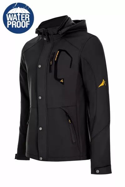 معطف رجالي أسود من الصوف الناعم مقاوم للماء والرياح مع جيوب داخلية وفرو