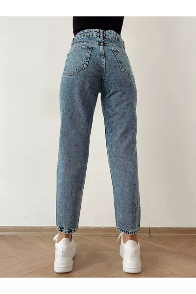 Jean Mom Indigo Moyen Snow Blue Dilber à Taille Haute avec Détails Boyfriend