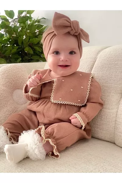 Maita Tulum Square Handkerchief Neck Heart Embroidered Waffle % Cotton Romper and Bandana Set