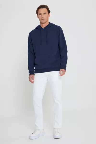Herren Dunkelblau Standard Fit Normale Passform Kapuzenpullover mit Struktur und Taschen