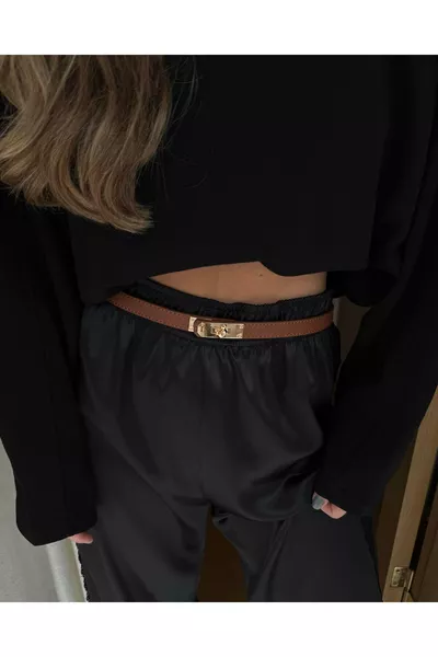 حزام بخياطة ومشبك ذهبي 2 سم عسلي