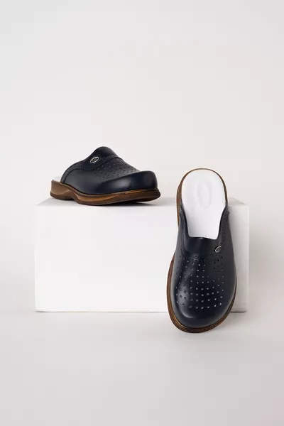 Navy Blue Men's Classic Gold Leather Clog Slippers Genuine Leather Doctor Nurse Hospital Shoes