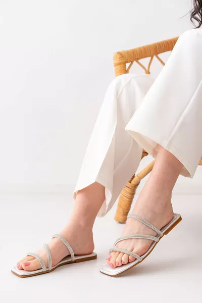 Mules d'intérieur et de plage en argent avec semelle orthopédique, mousse de 5 mm, à trois pierres, robe et sandales