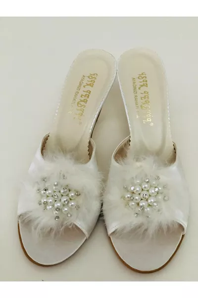 Furry Cream Women's Bridal Heeled Slippers