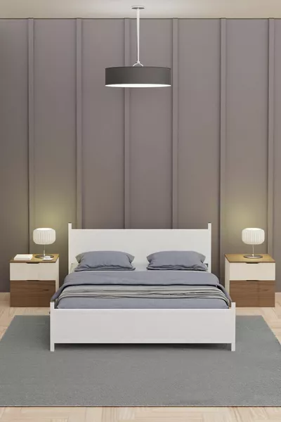 GM Modern Double Bed Wooden and Metal All White Bed Frame
