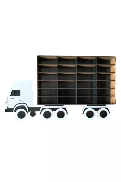 Scaffale per giocattoli per bambini a due scomparti, camion e tir con capacità di veicolo, cm