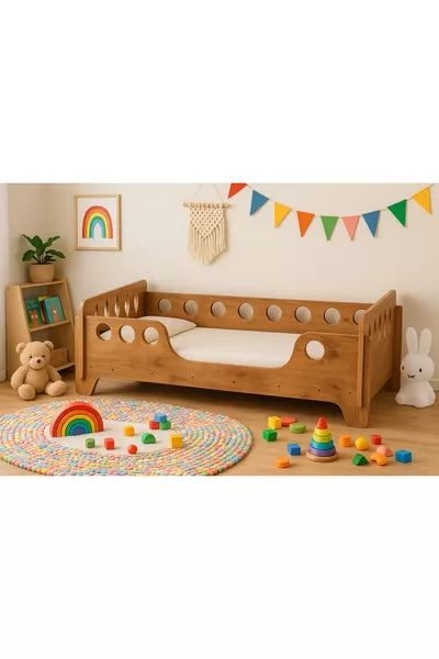 Ceviz Montessori Karyola , Ceviz MDF, Ahşap Detaylı Güvenli Çocuk Yatağı