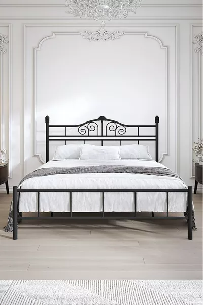 King Ferforje Karyola Siyah Çift Kişilik Metal Yatak , , , 