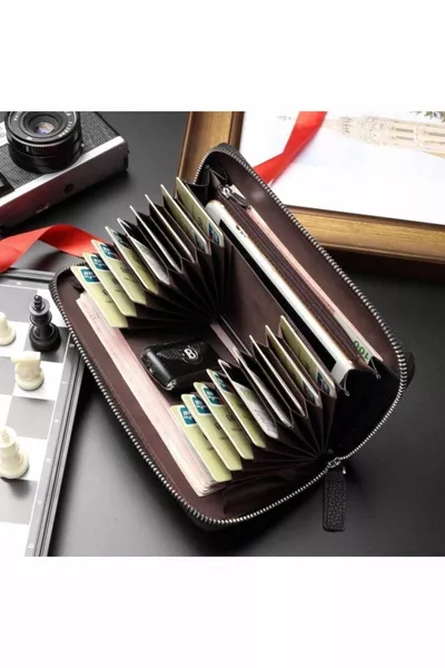 محفظة بطاقات رجالية من الجلد الطبيعي مع سحّاب ودرزات أكورديون، محمية بتقنية RFID