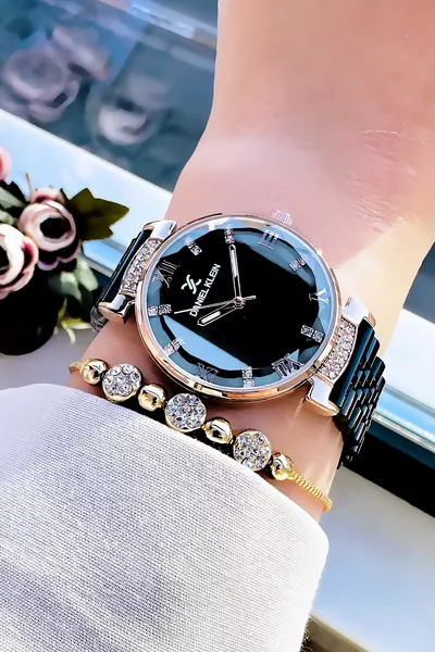 ساعة نسائية أصلية بزجاج مقطوع مقاومة للماء، لون أسود، حزام من الفولاذ، هدية سوار 