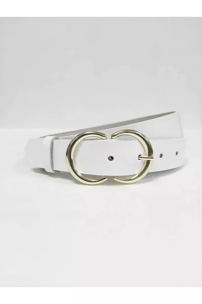 حزام نسائي أبيض من الجلد الطبيعي ٪ مع إبزيم ذهبي