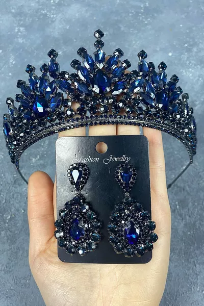 Navy Pera Bridal Henna Crown and Teardrop Evening Earrings