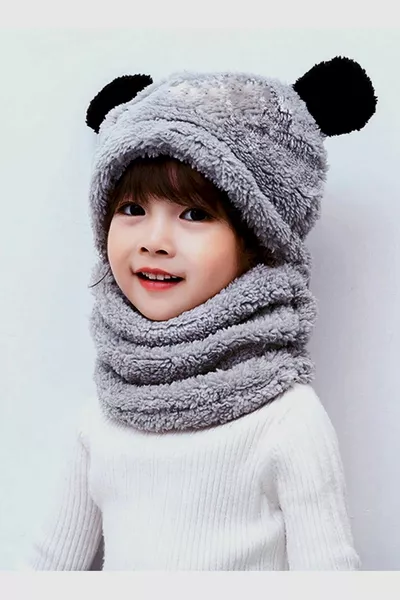 Сиво панда детско плюшено зимно шапка с качулка и шал