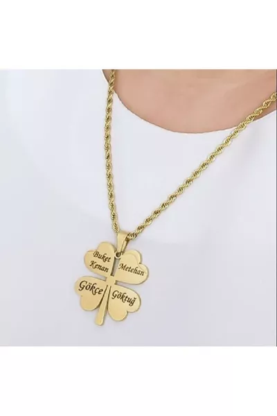 Висулка детелина с име Çelik, верига с усукано колие детелина, не потъмнява, с дървена кутия