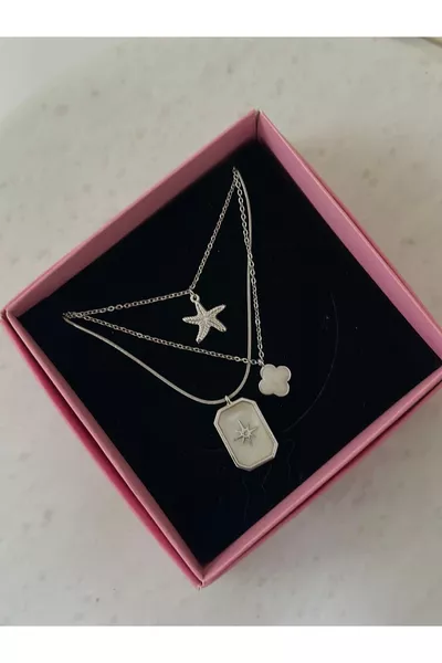 L Kararmaz Çelik Rodyum Kaplama Yonca/Deniz Yıldızı Üçlü Kolye Seti