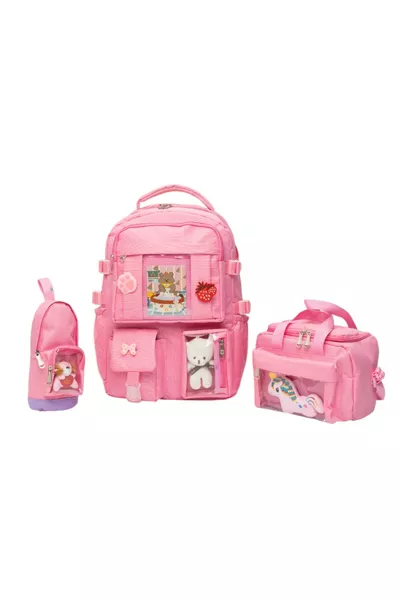 Zaino scolastico quotidiano locale in stile Kawaii Kore con accessori completi per ragazze e ragazzi, set con borsa per il pranzo e astuccio