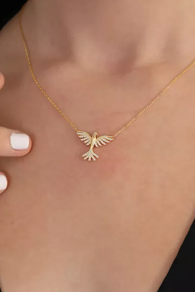 Sterling Silver Chain Gold-Plated White Stone Phoenix Necklace