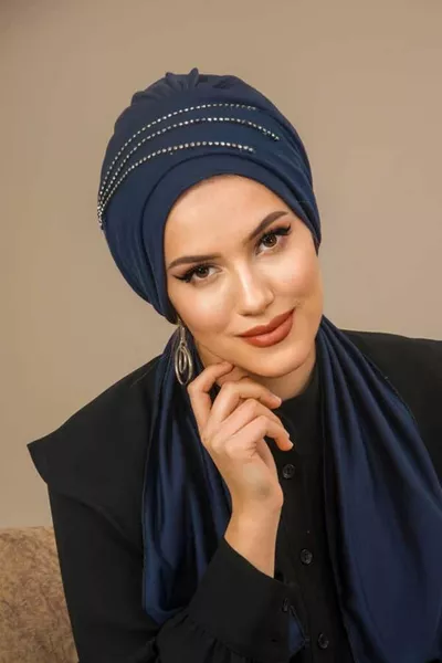 Navy Stone-Embellished Evening Headscarf