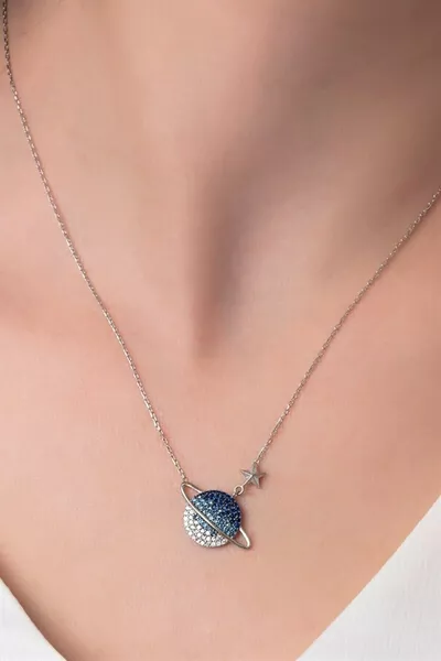  Sterling Silver Chain Color-Transition Planet Saturn Model Necklace