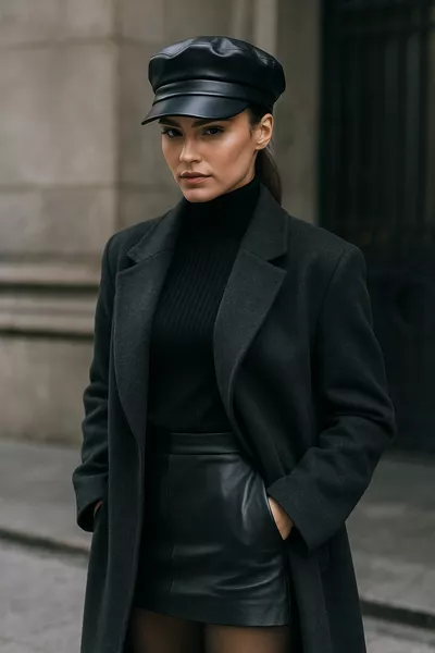 قبعة أنيقة وعصرية من الجلد الصناعي الأسود - تصميم مع حافة واسعة وتفاصيل خياطة 