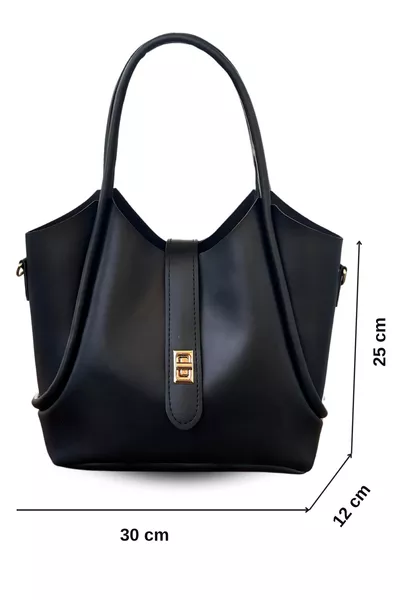 حقيبة يد وكتف نسائية سوداء أنيقة من الجلد الصناعي مع حزام مزدوج وإبزيم معدني وحقيبة مكياج