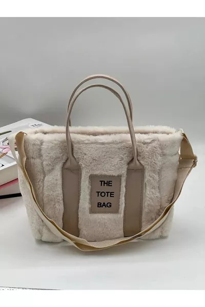 Damen Tasche The Tote Bag mit Schriftzug, Schulterriemen, gefüttert mit Pelz, Plüsch-Umhängetasche
