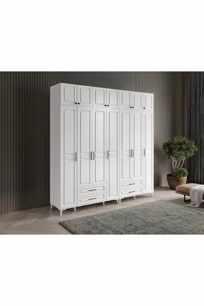 Free Installation Gözde 7-Door Wardrobe with Shelves Complete MDF White Wardrobe