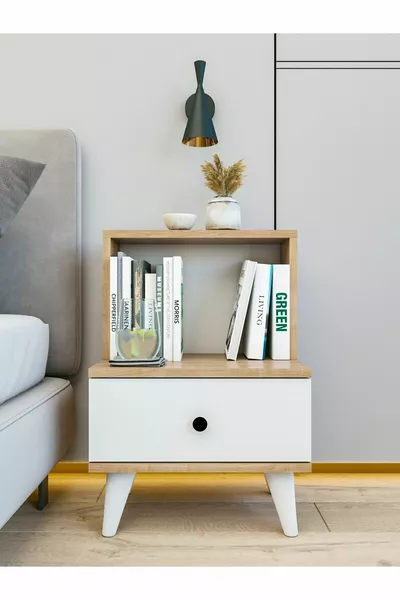 Nachtkastje Glanzend Wit-Marbella Met Lade en Plank Slaapkamer