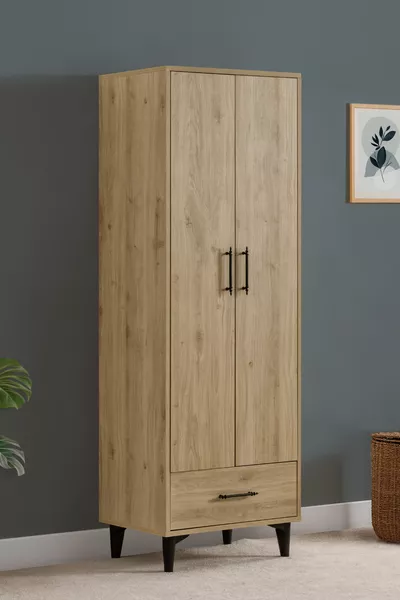 Cabinet, Blesk 2-Door Wardrobe with Drawers and Hangers, Open Walnut Wardrobe