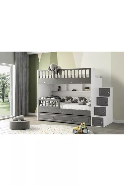 Zümrüt Ranza / Bianco-antracite / Installazione gratuita / 3 letti e scala con armadio / 100% MDF