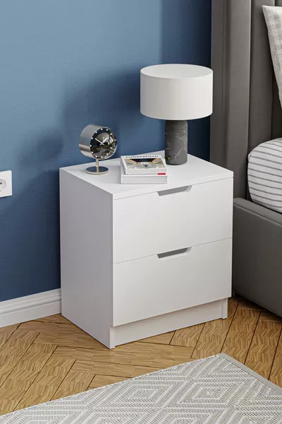 طاولة بجانب السرير من طراز Lento 2 مع درجين لغرفة النوم وغرفة الأطفال باللون الأبيض