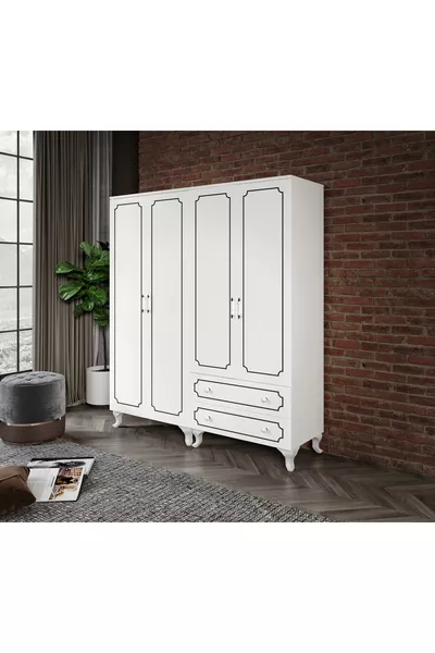 خزانة ملابس مودولارية بأربعة أبواب ودرجين، دولاب ملابس - مصنوع بالكامل من MDF عالي الجودة