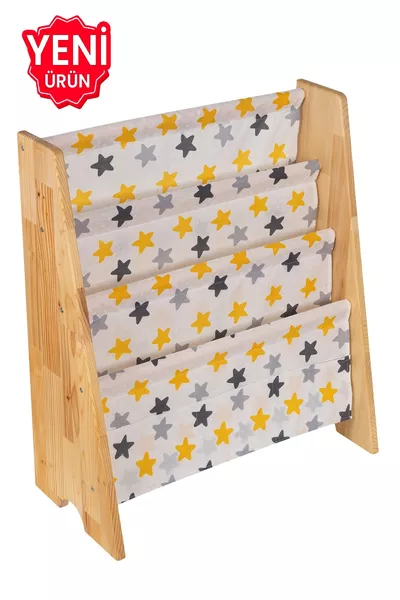 رف كتب مونتيسوري خشبي طبيعي قابل للتفكيك لغرف الأطفال والحضانات ورياض الأطفال مع رف تعليمي وقماش أصفر