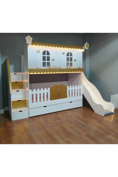 ЗОЛОТАЯ ДВУХЪЯРУСНАЯ КРОВАТЬ ALAÇATI С ГОРКОЙ