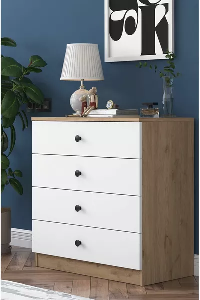 Rani  Şifonyer 4 Çekmeceli Yatak Odası Bebek Odası Sepet Ceviz - Beyaz