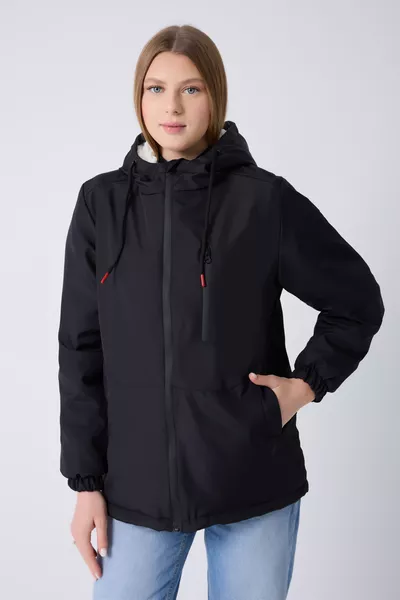 معطف شتوي نسائي أسود مبطن بالفراء مقاوم للماء والرياح بغطاء للرأس & جاكيت & باركا