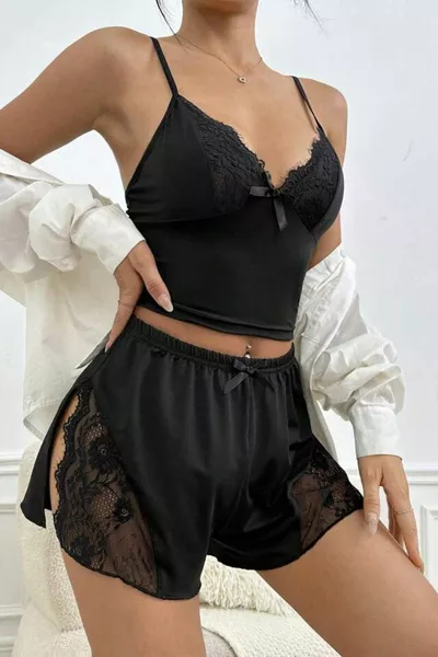 Black Slit Shorts Nightwear Set
