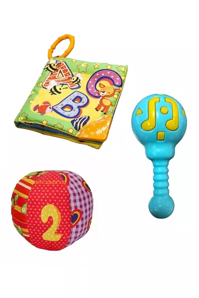 Il mio primo libro con dentellatura frusciante + Palla amica da gattonamento con sonaglio allegro + Sonaglio maracas