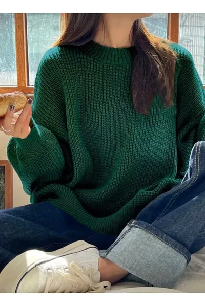 Pull tricot oversize pour femme à col rond vert